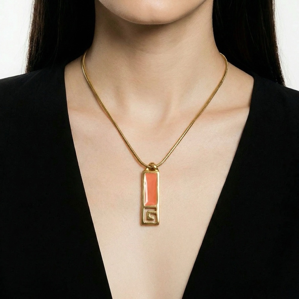 Vintage Givenchy 1977 Goldtone Dark Coral Enamel Pendant Necklace